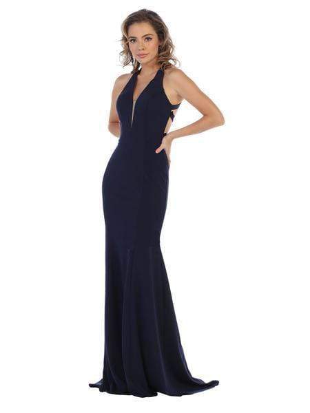 May Queen - MQ1636 Halter Crisscross Straps Open Back Mermaid Gown Special Occasion Dress 2 / Navy