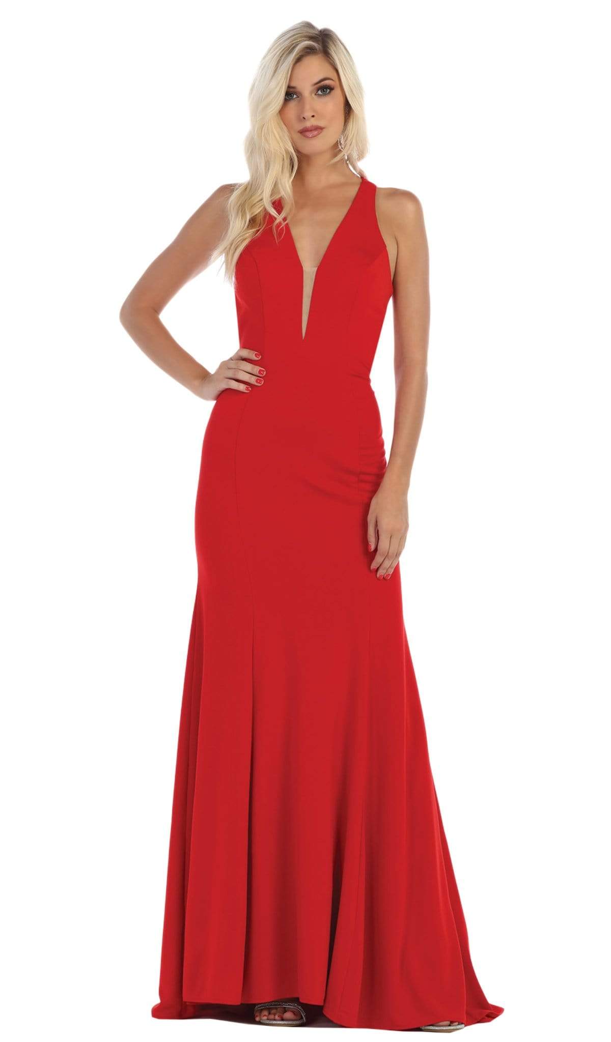 May Queen - MQ1636 Halter Crisscross Straps Open Back Mermaid Gown Special Occasion Dress 2 / Red