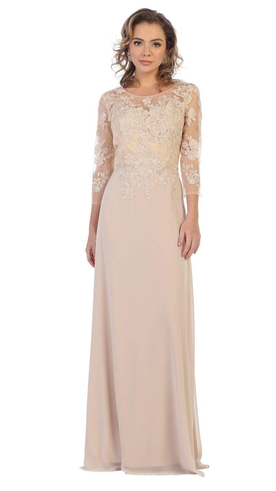 May Queen - MQ1637 Illusion Quarter Sleeve Appliqued Sheath Gown Special Occasion Dress M / Champagne