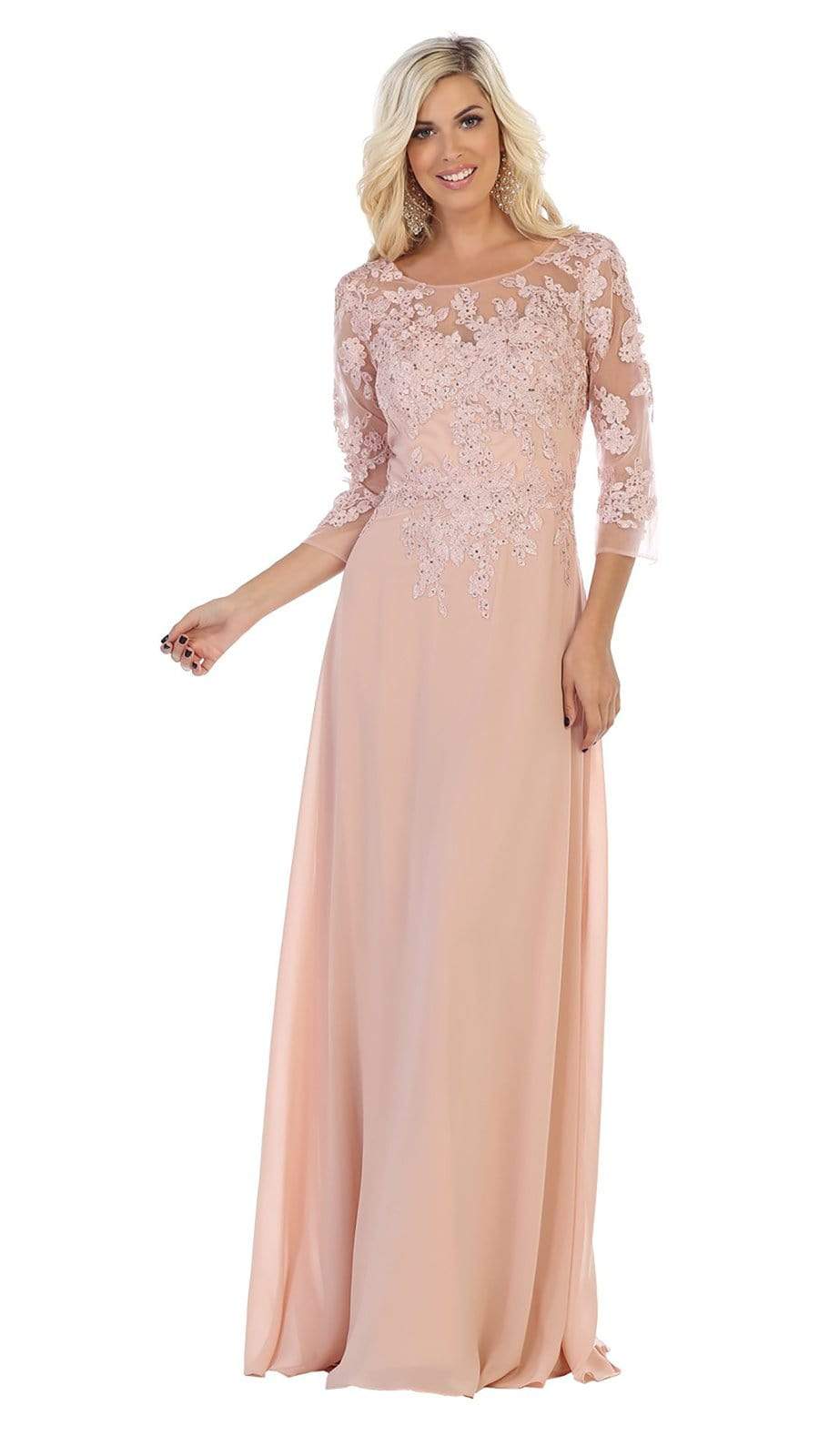 May Queen - MQ1637 Illusion Quarter Sleeve Appliqued Sheath Gown Special Occasion Dress M / Dusty Rose