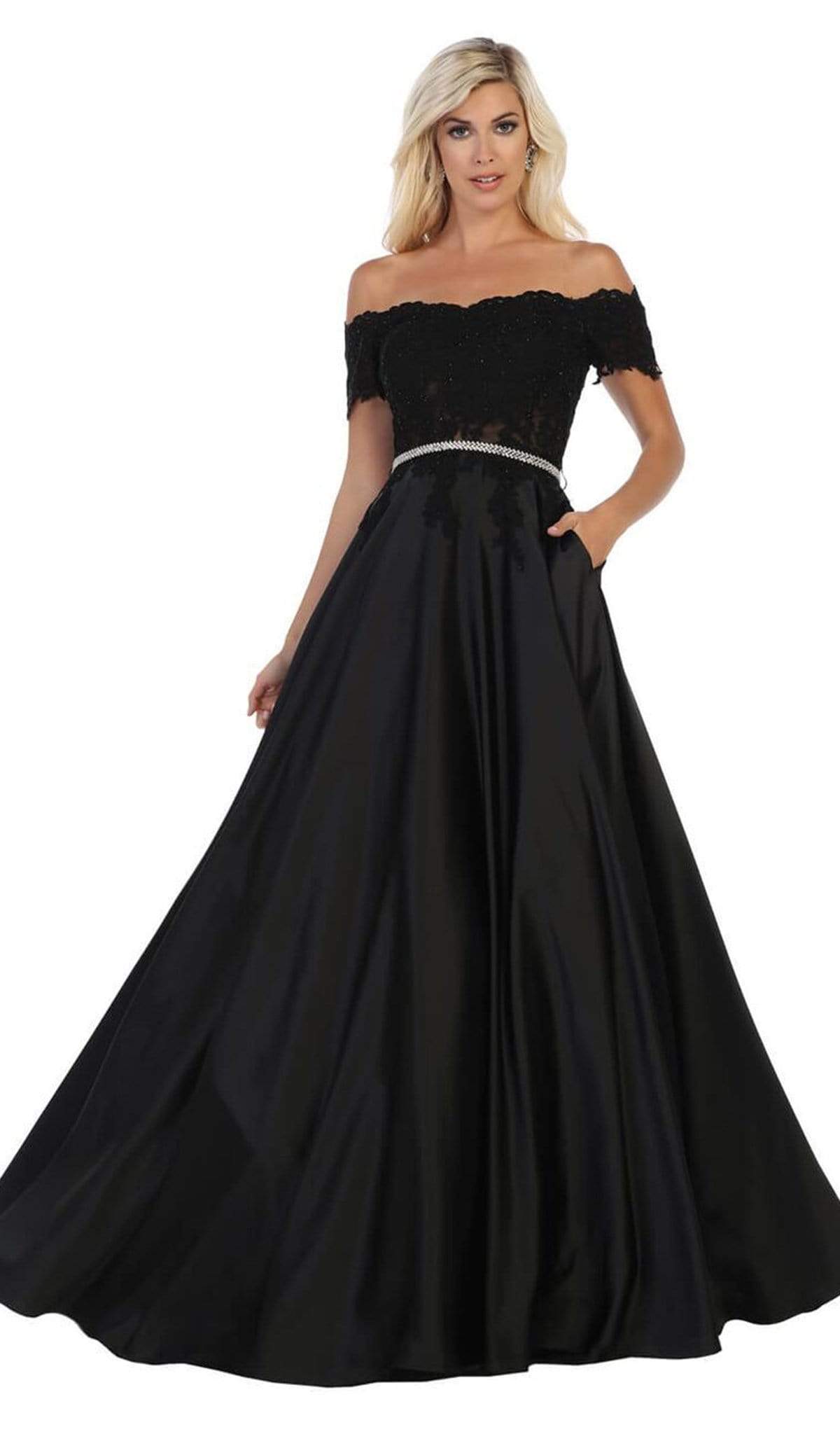May Queen - MQ1639 Lace Off-Shoulder A-Line Dress Bridesmaid Dresses 4 / Black