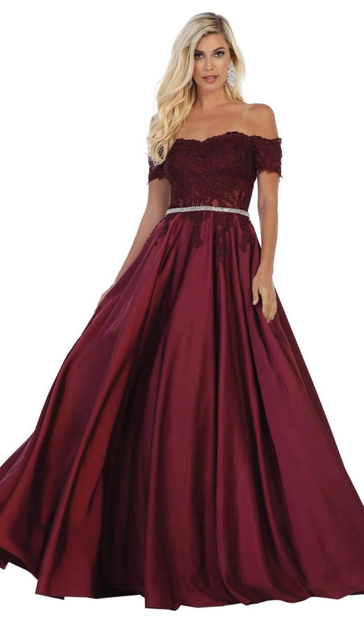 May Queen - MQ1639 Lace Off-Shoulder A-Line Dress Bridesmaid Dresses 4 / Burgundy