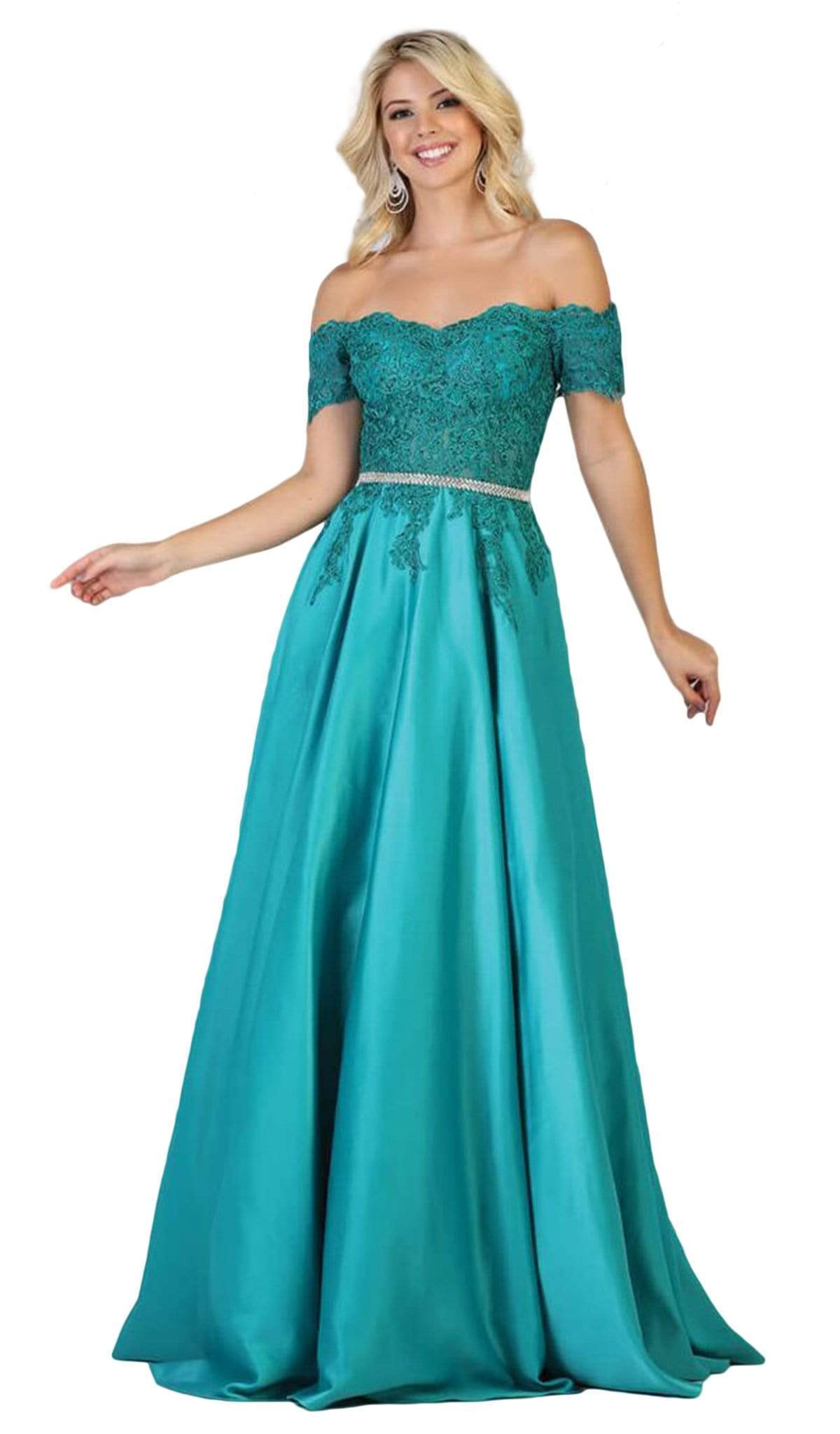 May Queen - MQ1639 Lace Off-Shoulder A-Line Dress Bridesmaid Dresses 4 / Jade
