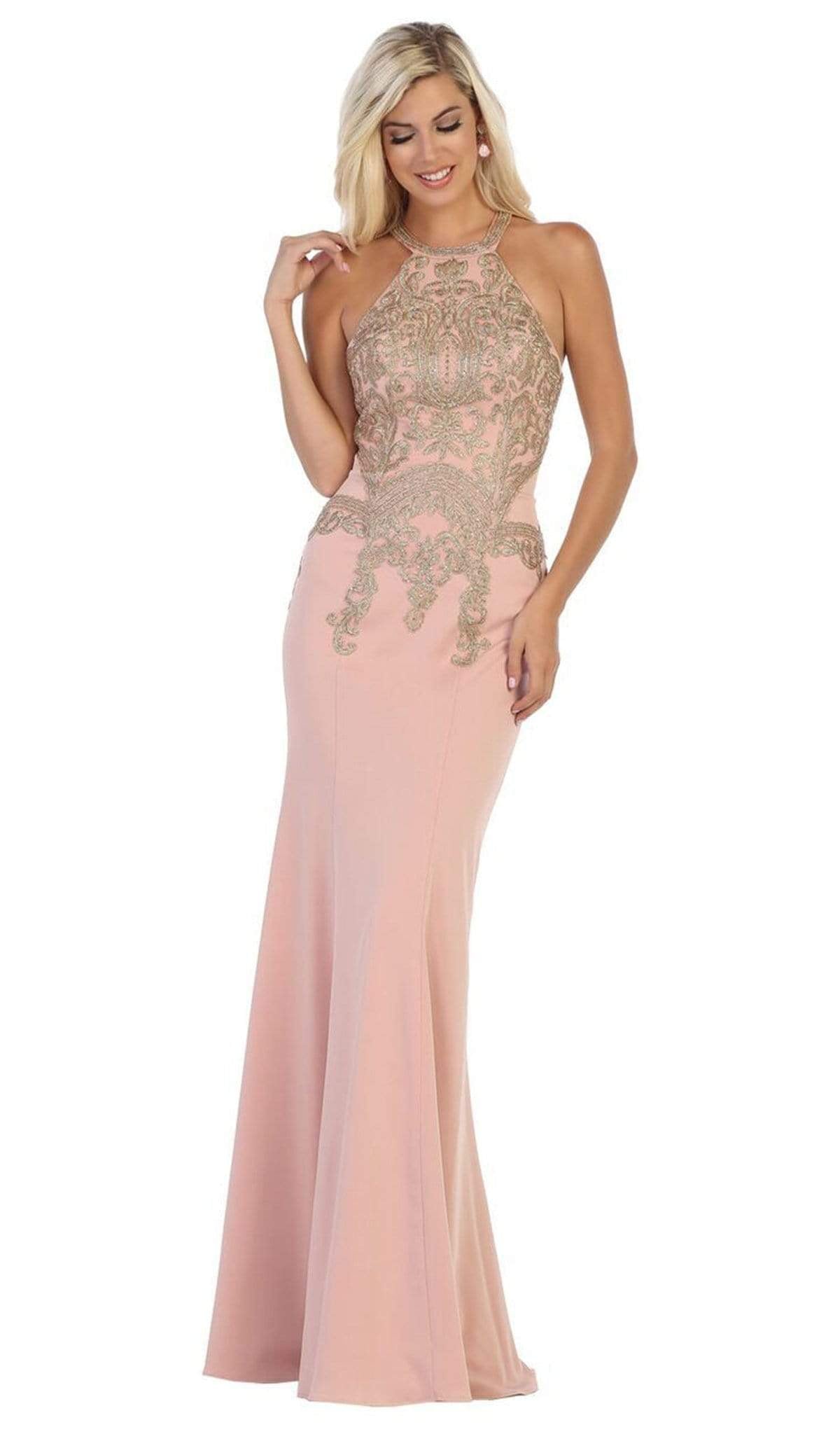 May Queen - MQ1641 Gilt-Embroidered Lace Halter Gown Special Occasion Dress 4 / Dusty Rose