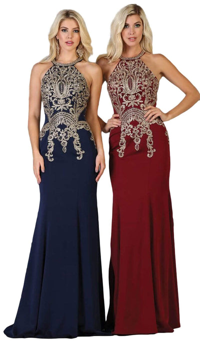 May Queen - MQ1641 Gilt-Embroidered Lace Halter Gown Special Occasion Dress 4 / Navy