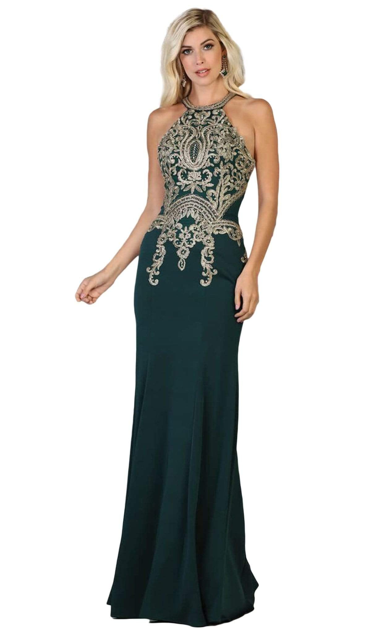 May Queen - MQ1641 Gilt-Embroidered Lace Halter Gown Special Occasion Dress 4 / Hunter Green