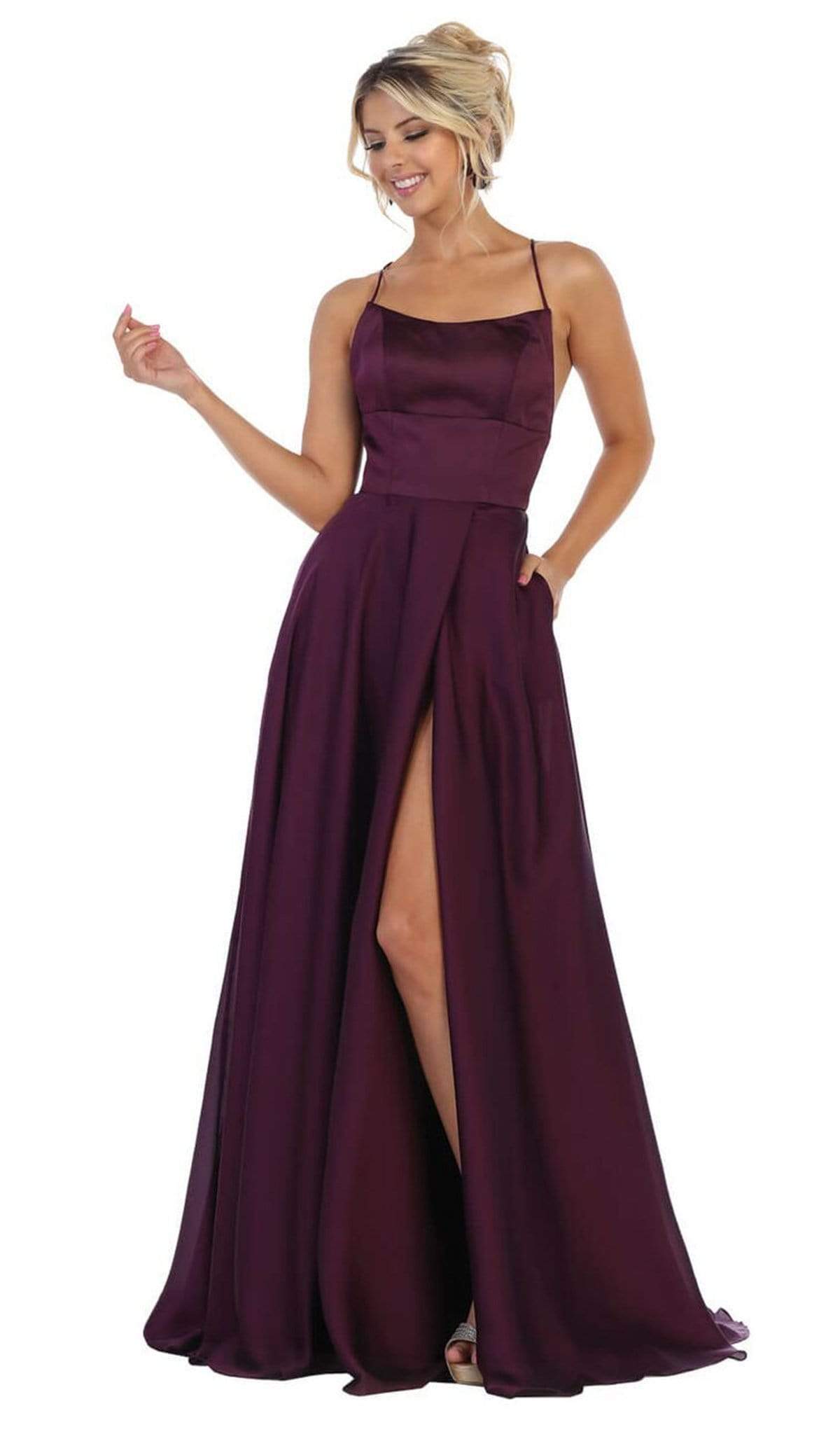 May Queen - MQ1642 Halter Neck Tie String Back A-Line Satin Gown Prom Dresses 2 / Eggplant