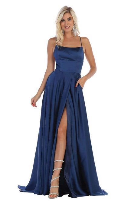 May Queen - MQ1642 Halter Neck Tie String Back A-Line Satin Gown Prom Dresses 2 / Navy