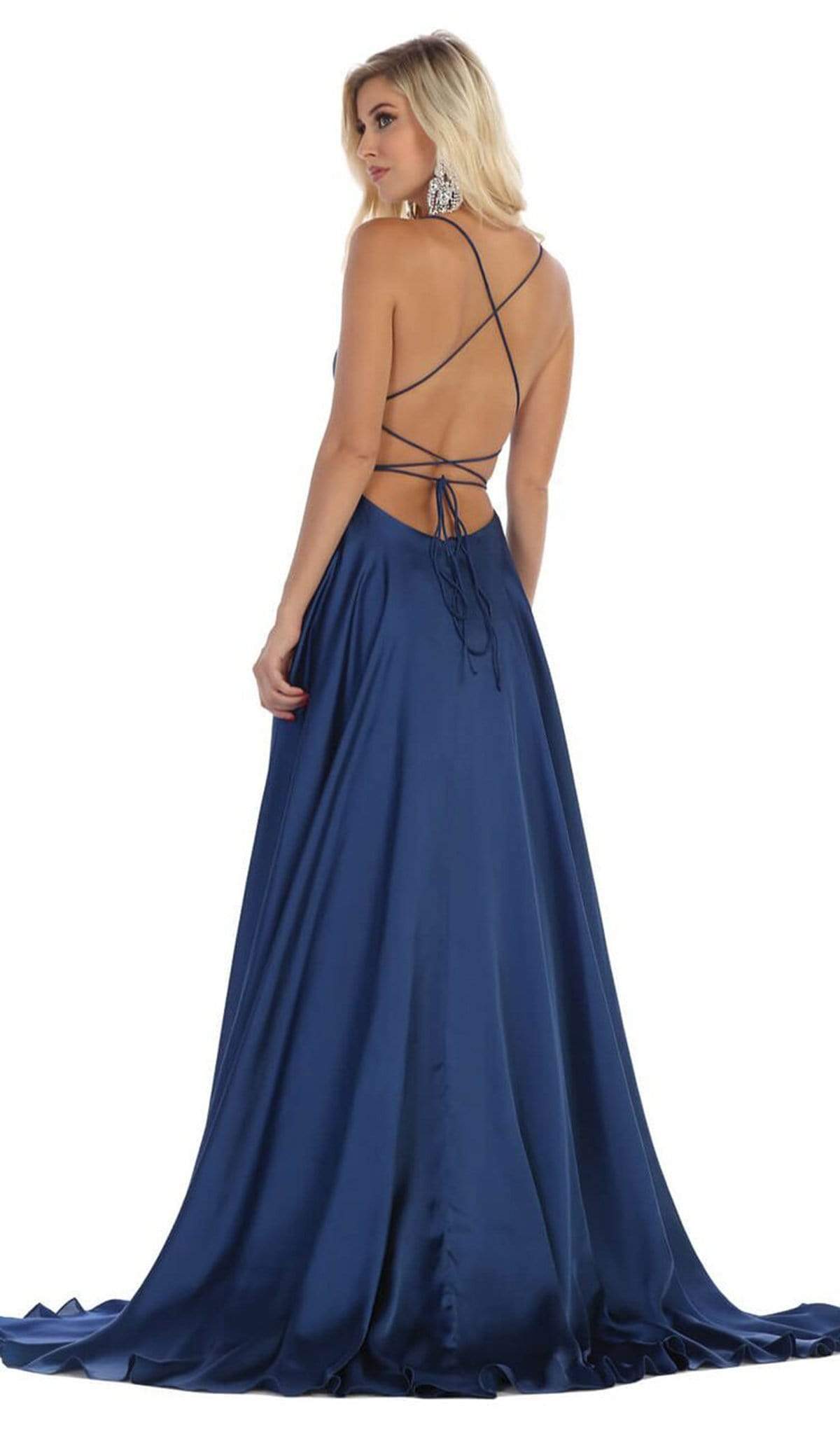 May Queen - MQ1642 Halter Neck Tie String Back A-Line Satin Gown Prom Dresses