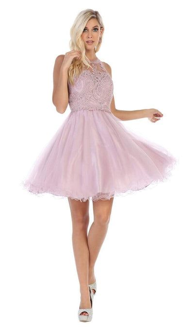 May Queen - MQ1643 Lace Applique Jewel Neck Sleeveless Cocktail Dress Cocktail Dresses 2 / Mauve