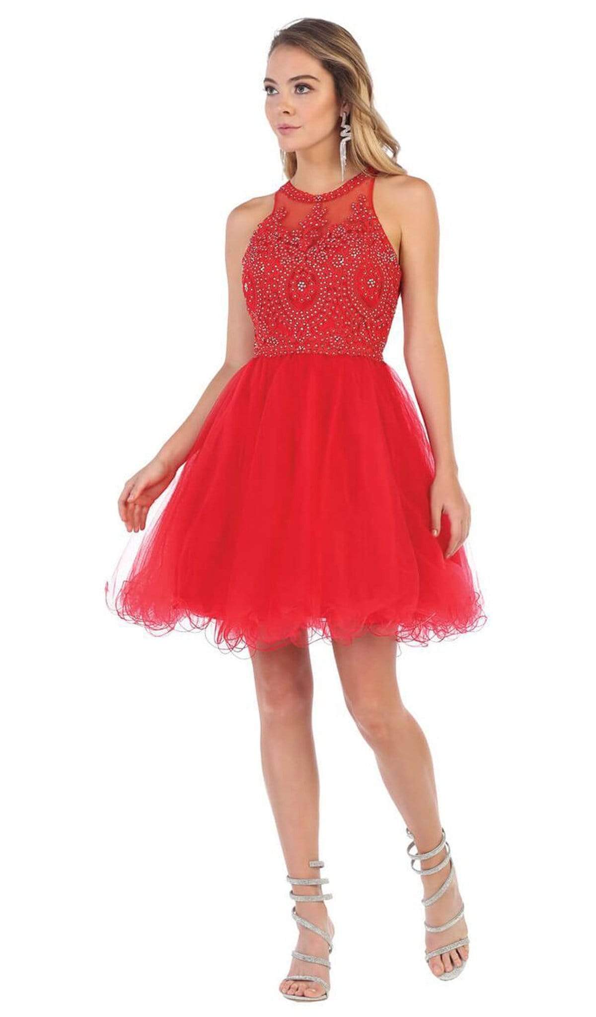 May Queen - MQ1643 Lace Applique Jewel Neck Sleeveless Cocktail Dress Cocktail Dresses 2 / Red