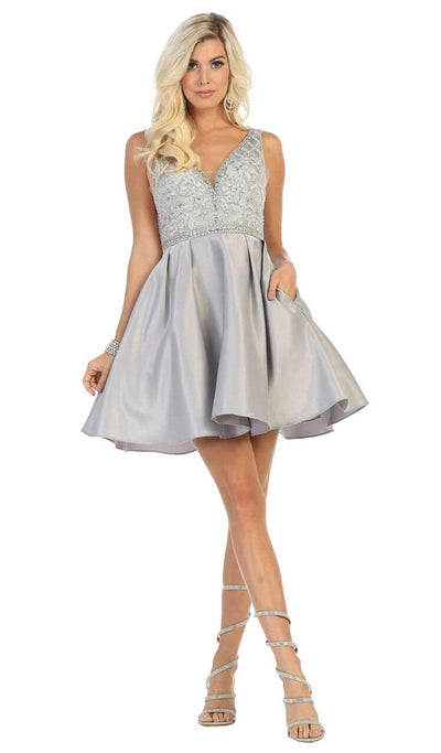 May Queen - MQ1645 Beaded Lace Ornate Illusion Cutouts Cocktail Dress Cocktail Dresses 4 / Silver