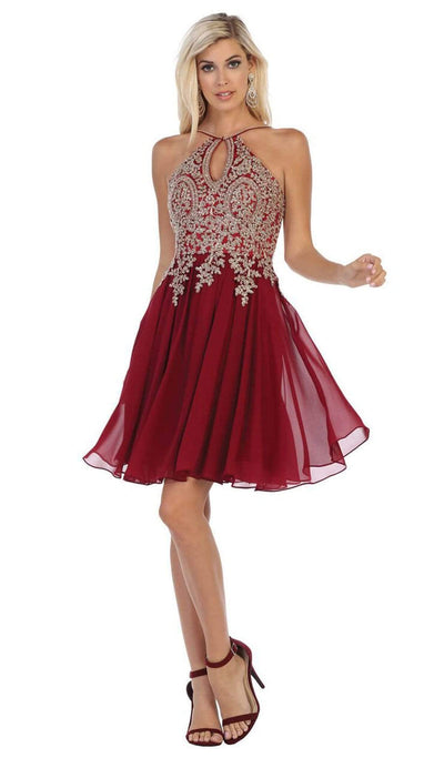 May Queen - MQ1646 Embroidered Halter A-line Dress Cocktail Dresses 4 / Burgundy