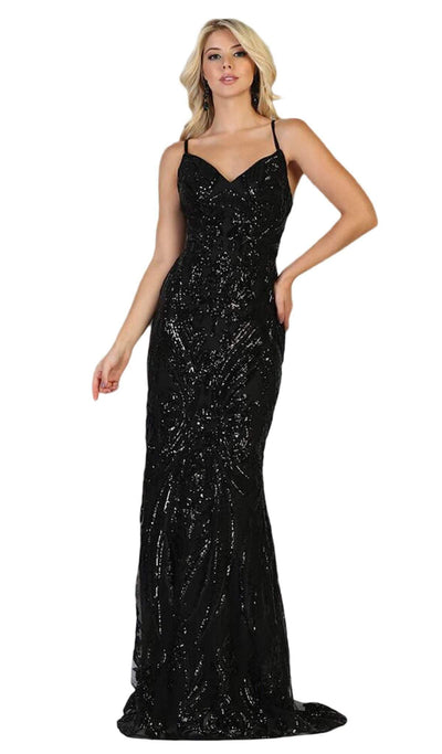 May Queen - MQ1648 Embellished V-neck Trumpet Dress Special Occasion Dress 4 / Black