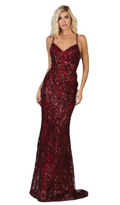 May Queen - MQ1648 Embellished V-neck Trumpet Dress Special Occasion Dress 4 / Burgundy