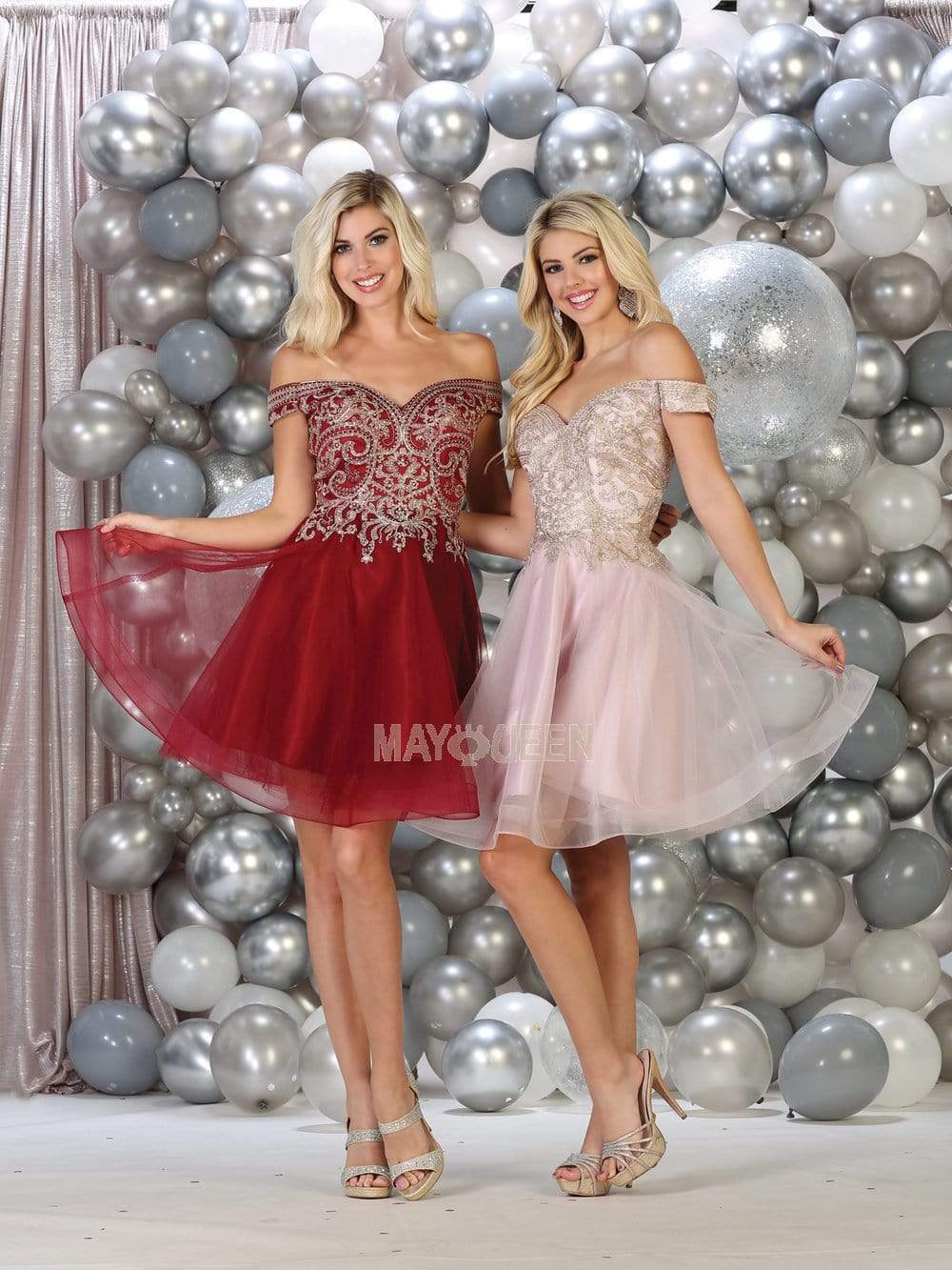 May Queen - MQ1659 Bead-Appliqued Off Shoulder Tulle Dress Cocktail Dresses 2 / Burgundy
