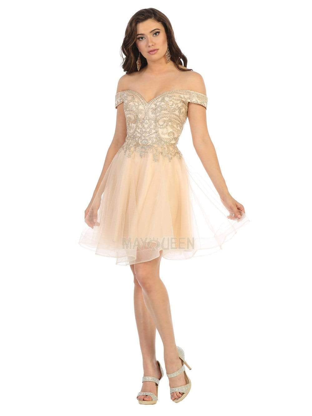 May Queen - MQ1659 Bead-Appliqued Off Shoulder Tulle Dress Cocktail Dresses 2 / Champagne
