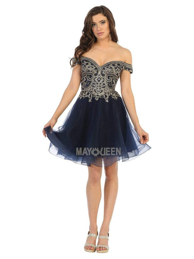 May Queen - MQ1659 Bead-Appliqued Off Shoulder Tulle Dress Cocktail Dresses 2 / Navy