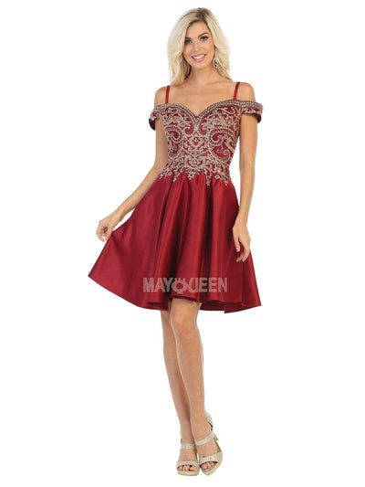 May Queen - MQ1661 Gilt-Appliqued Off Shoulder A-Line Dress Cocktail Dresses 2 / Burgundy