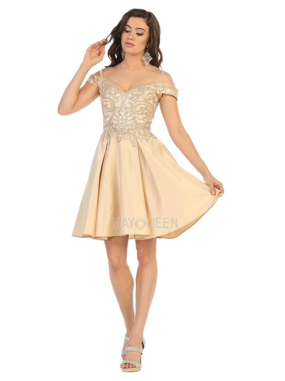 May Queen - MQ1661 Gilt-Appliqued Off Shoulder A-Line Dress Cocktail Dresses 2 / Champagne