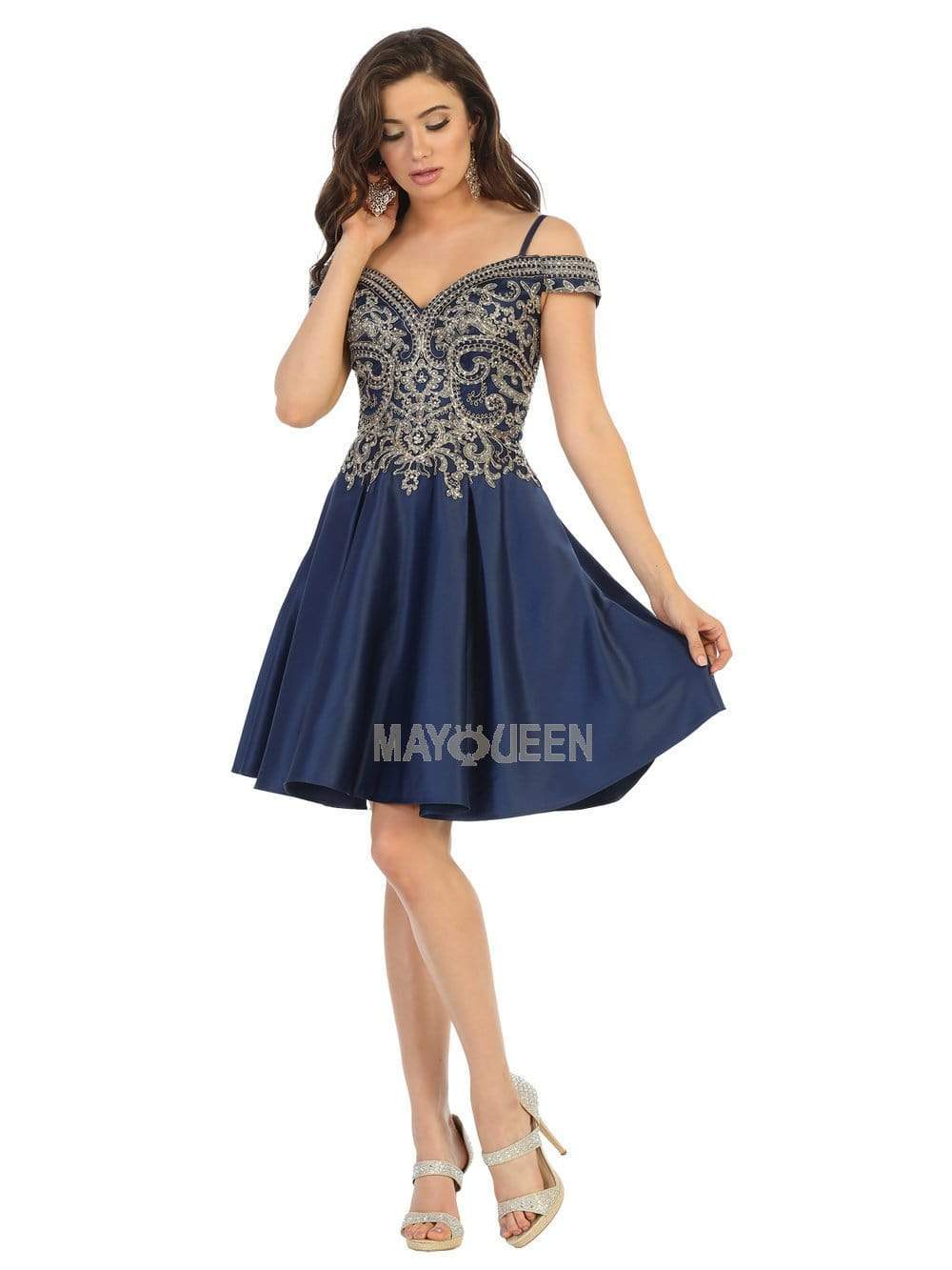 May Queen - MQ1661 Gilt-Appliqued Off Shoulder A-Line Dress Cocktail Dresses 2 / Navy