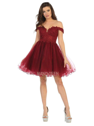 May Queen - MQ1663 Off Shoulder Sheer Lace Bodice Tulle Cocktail Dress Homecoming Dresses 2 / Burgundy