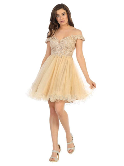 May Queen - MQ1663 Off Shoulder Sheer Lace Bodice Tulle Cocktail Dress Homecoming Dresses 2 / Champagne