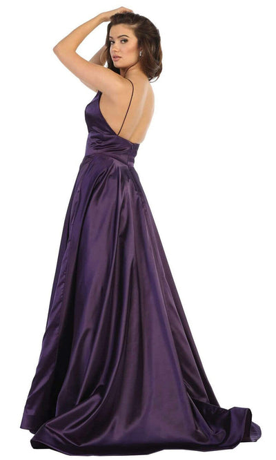 May Queen - Plunging V-Neck A-Line Dress MQ1664SC In Purple