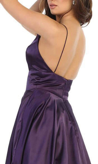 May Queen - Plunging V-Neck A-Line Dress MQ1664SC In Purple
