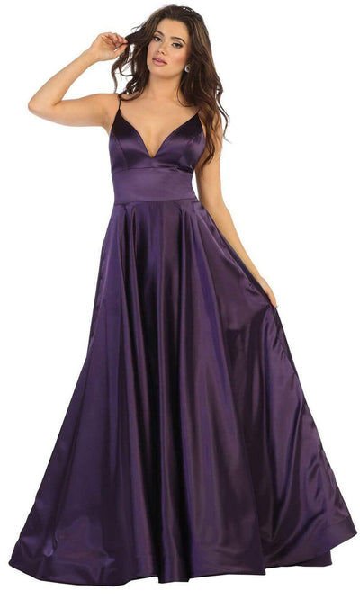 May Queen - Plunging V-Neck A-Line Dress MQ1664SC In Purple