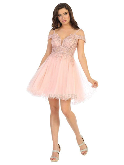 May Queen - MQ1668 Embroidered Deep Off-Shoulder A-line Dress Homecoming Dresses 2 / Blush