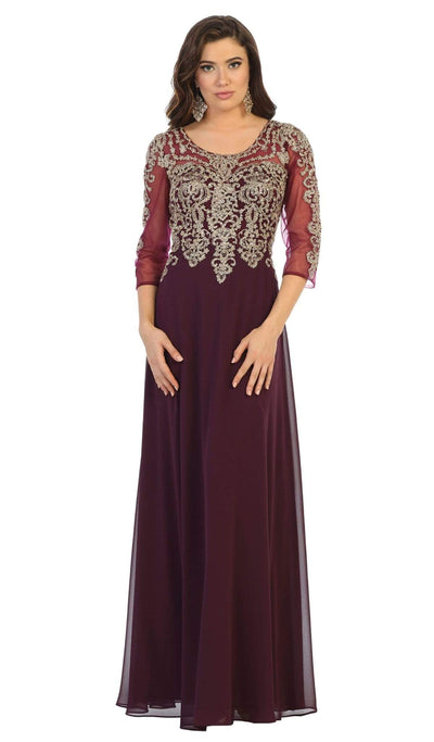 May Queen - MQ1670 Beaded Appliques A-Line Dress Special Occasion Dress M / Eggplant/Gold