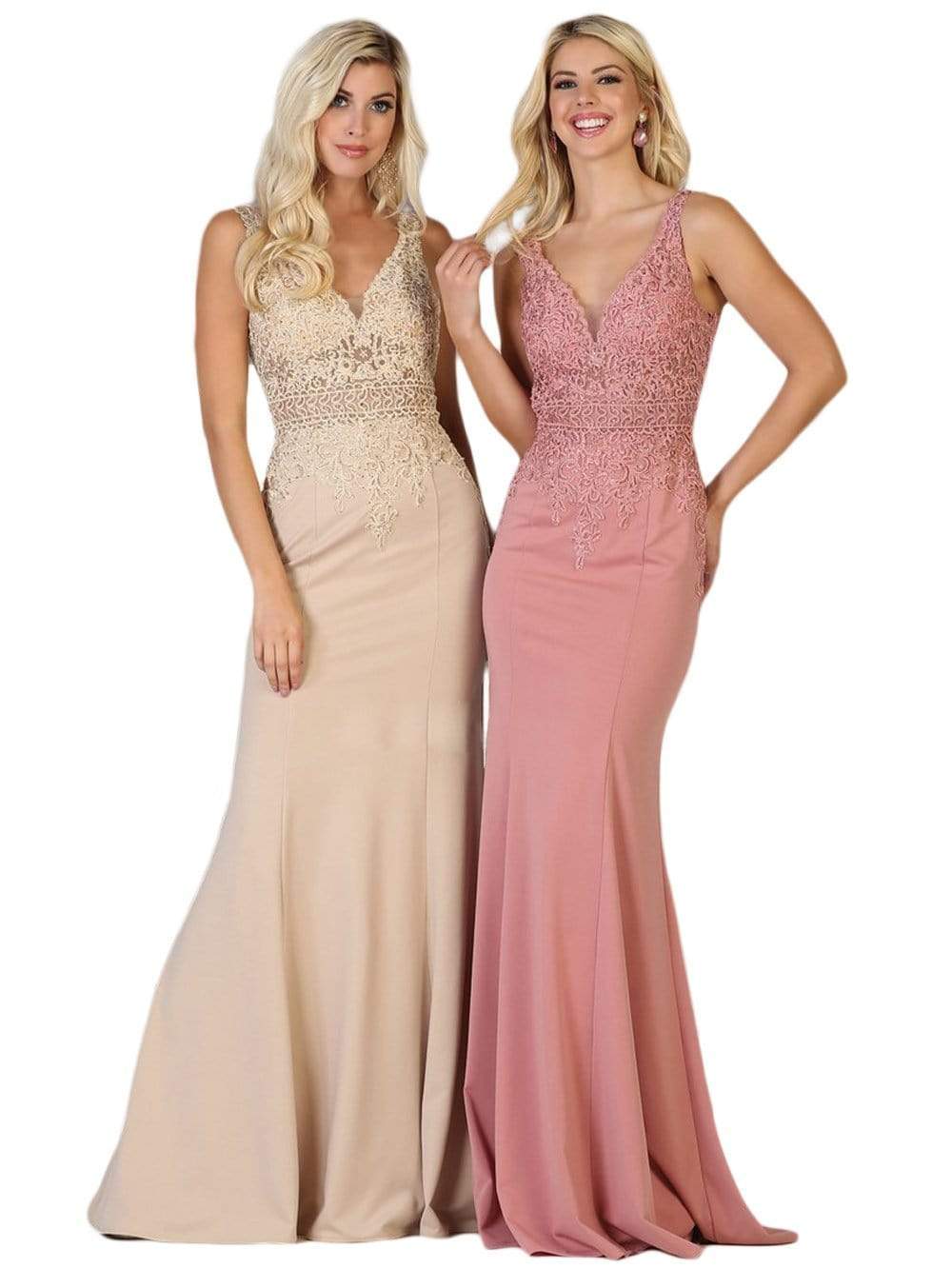 May Queen - MQ1674 Embroidered Plunging V-neck Trumpet Dress Bridesmaid Dresses