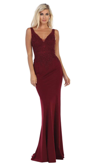 May Queen - MQ1674 Embroidered Plunging V-neck Trumpet Dress Bridesmaid Dresses 4 / Burgundy
