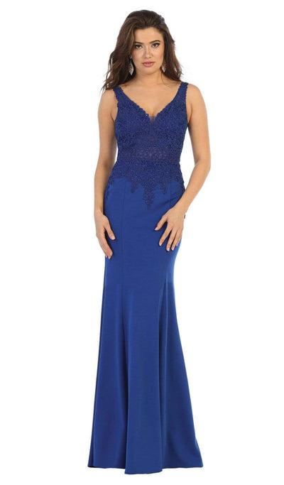 May Queen - MQ1674 Embroidered Plunging V-neck Trumpet Dress Bridesmaid Dresses 4 / Royal