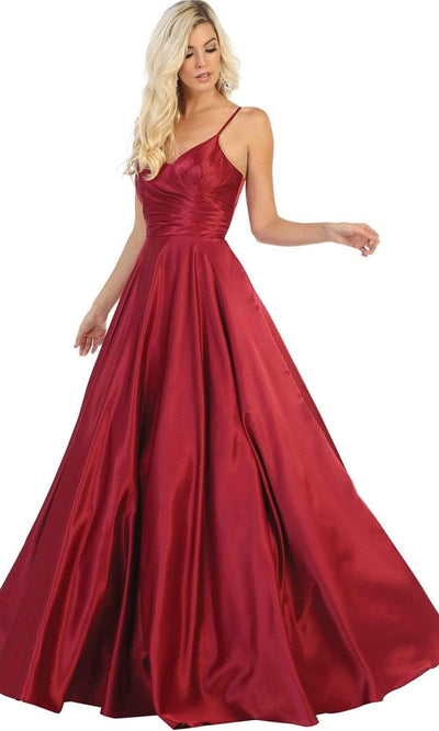 May Queen - MQ1678 Spaghetti Straps Corset Back Long Satin Gown Bridesmaid Dresses 2 / Burgundy