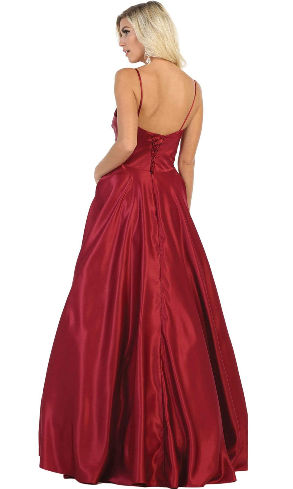 May Queen - Spaghetti Straps Corset Back Long Satin Gown MQ1678 CCSALE 4 / Burgundy