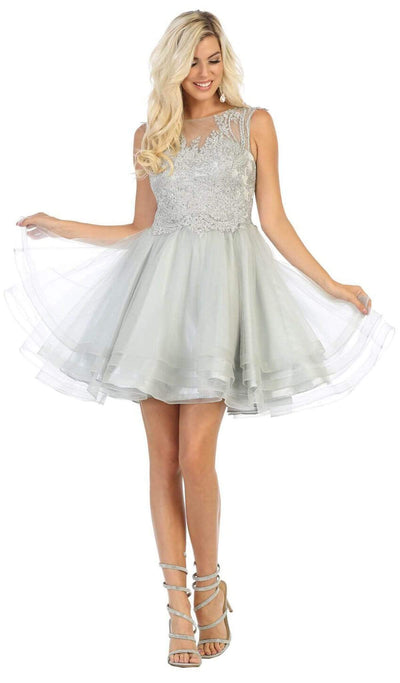 May Queen - MQ1681 Embellished Illusion Bateau Tiered A-line Dress Cocktail Dresses 4 / Silver