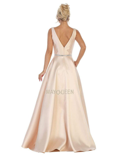 May Queen - MQ1683 Illusion Plunging Neck Sleeveless Satin A-Line Gown Bridesmaid Dresses