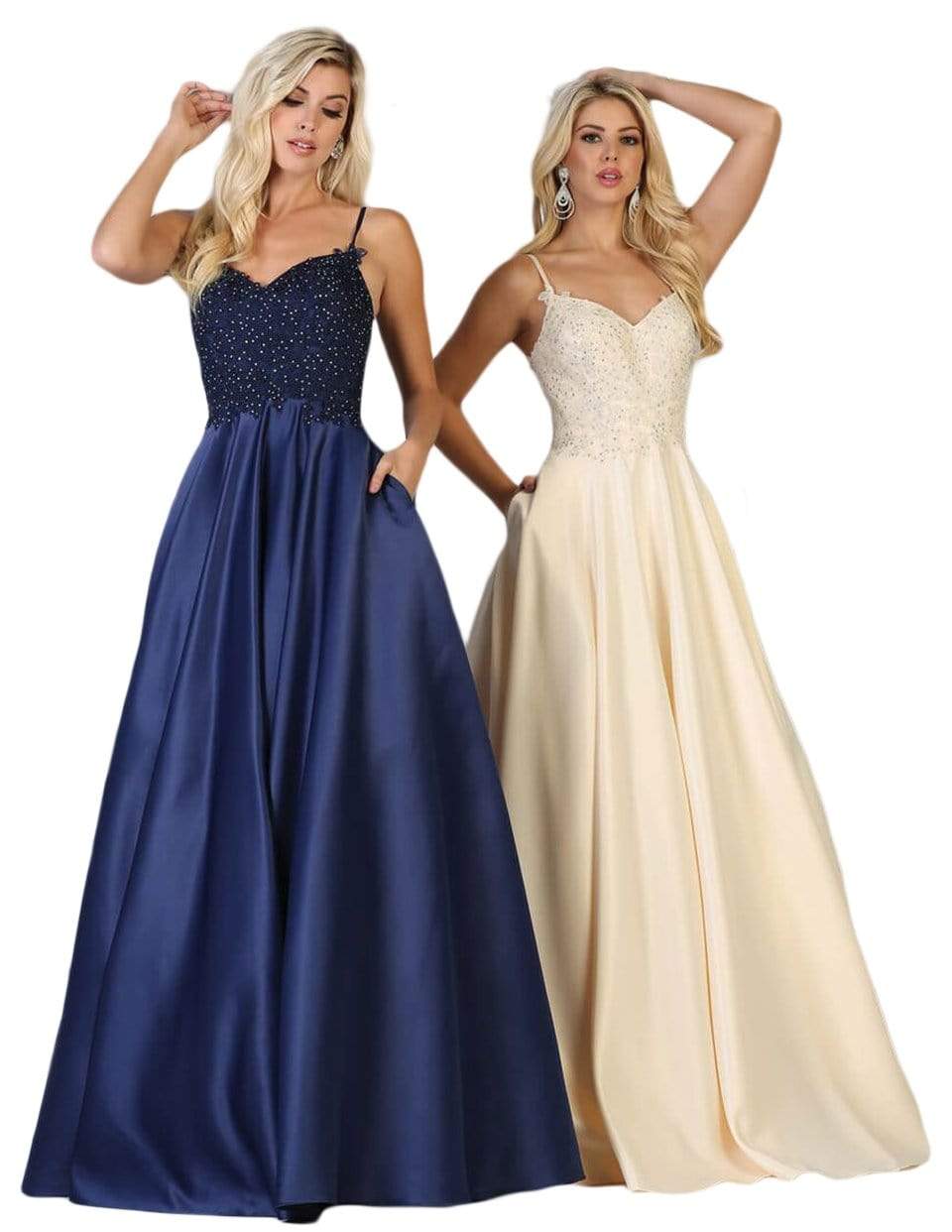 May Queen - MQ1685 Sleeveless Beaded Mesh Lace Back A-Line Satin Gown Bridesmaid Dresses 4 / Navy