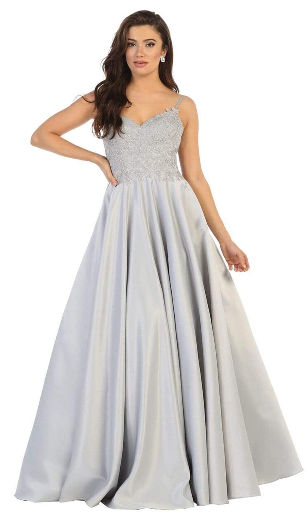 May Queen - MQ1685 Sleeveless Beaded Mesh Lace Back A-Line Satin Gown Bridesmaid Dresses 4 / Silver