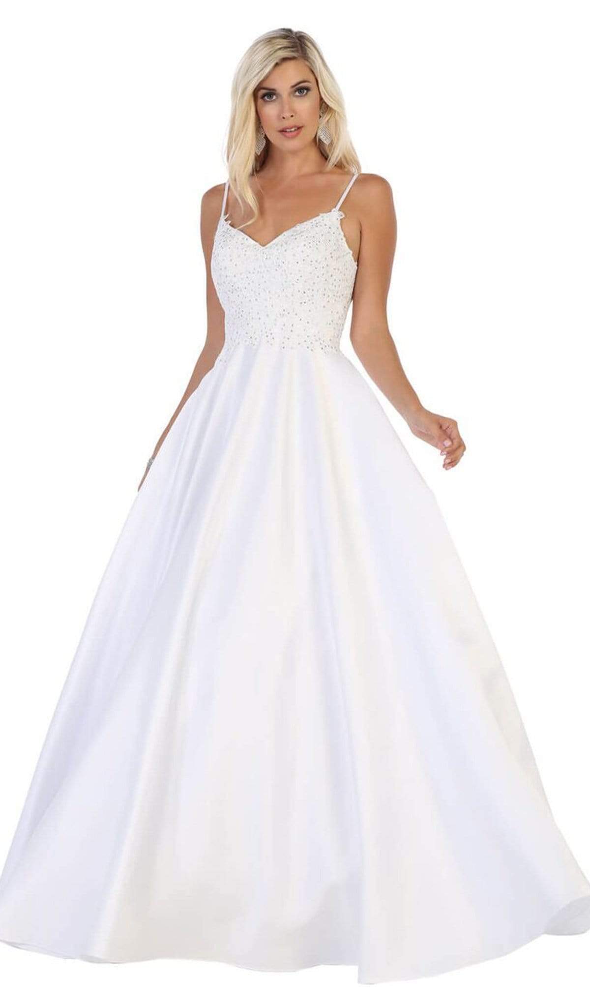 May Queen - MQ1685 Sleeveless Beaded Mesh Lace Back A-Line Satin Gown Bridesmaid Dresses 4 / White