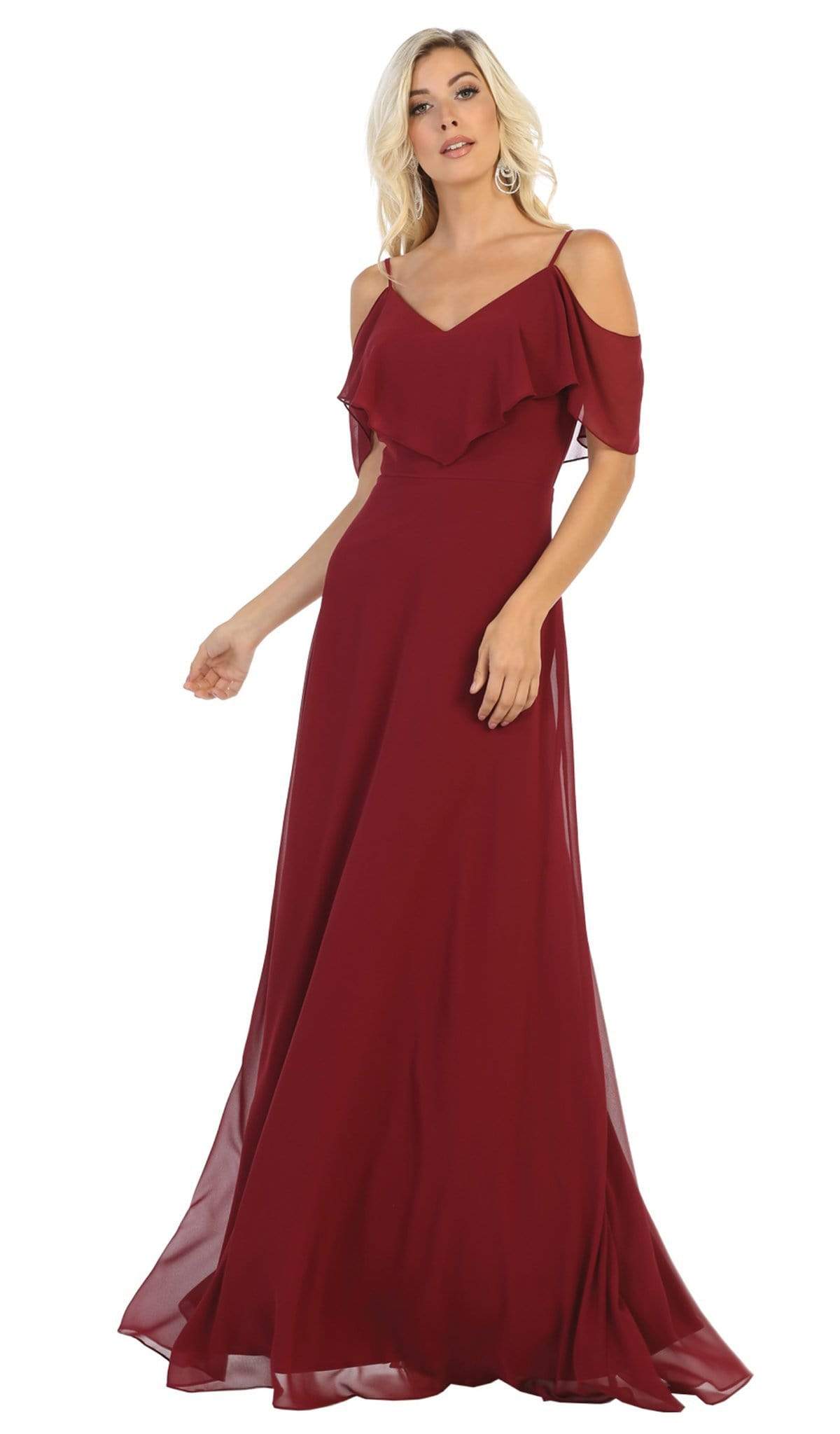 May Queen - MQ1686 Draping Off Shoulder Chiffon Long Dress Bridesmaid Dresses 4 / Burgundy