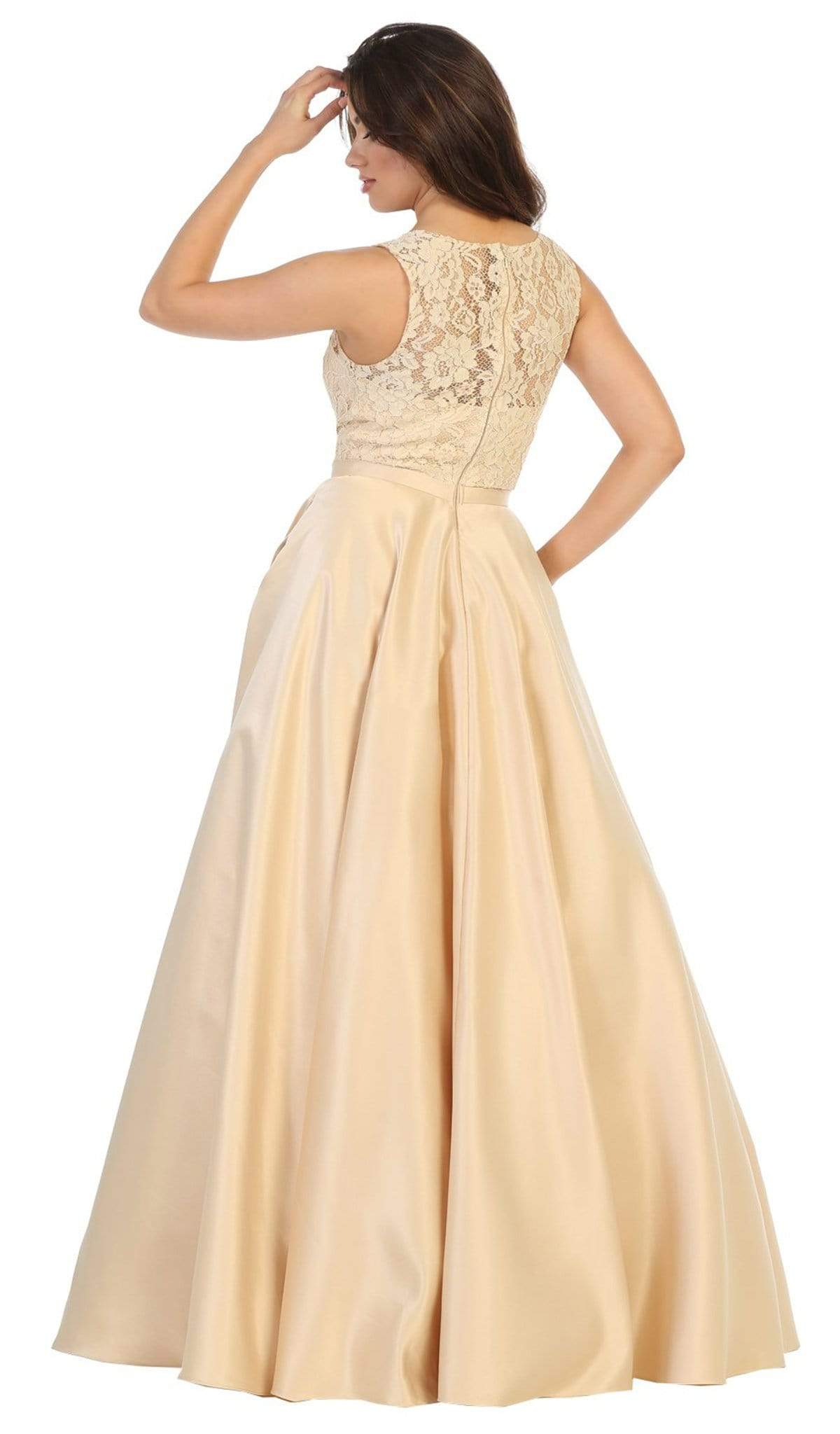 May Queen - MQ1688 Lovely Lace Tank Bow Accent Satin Long Dress Bridesmaid Dresses