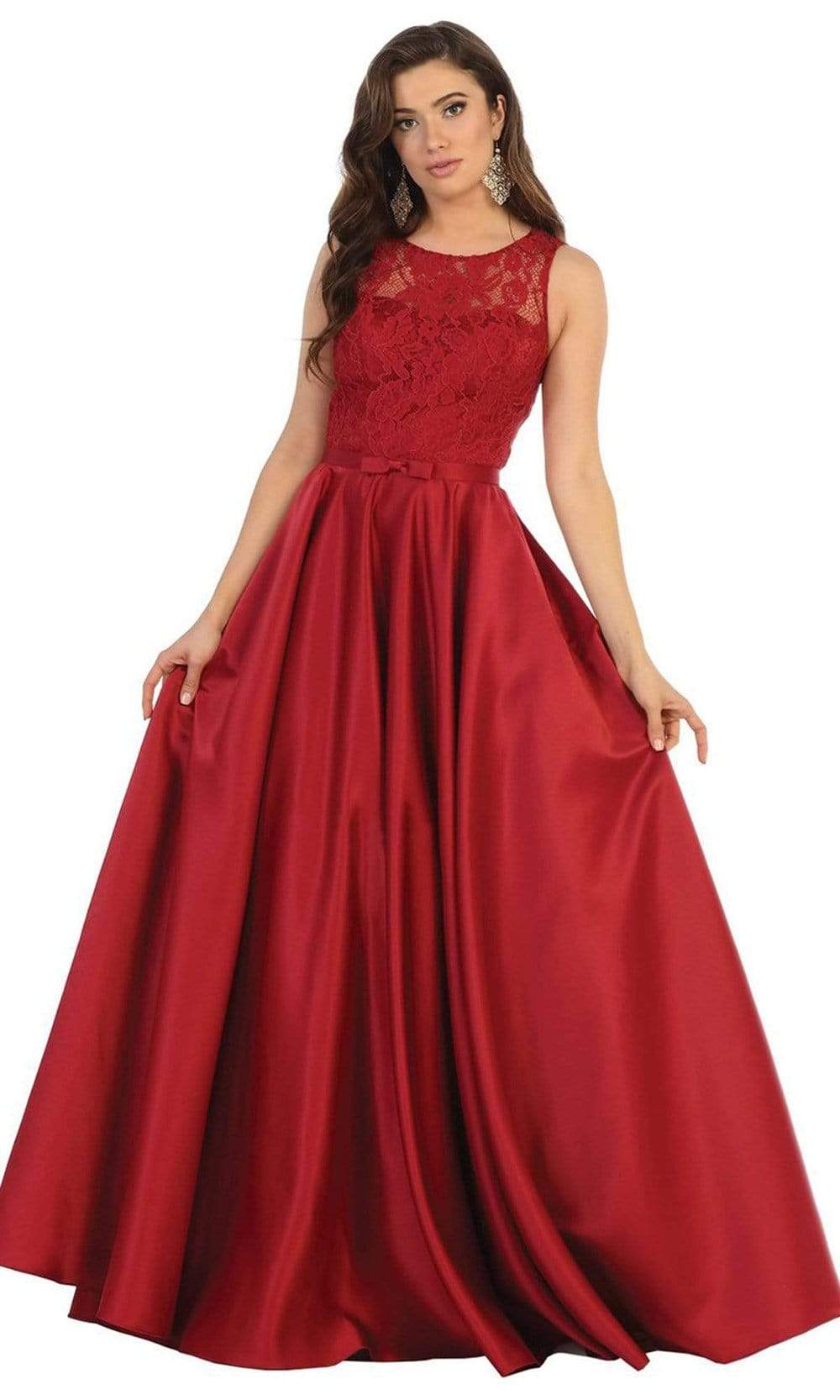 May Queen - MQ1688 Lovely Lace Tank Bow Accent Satin Long Dress Bridesmaid Dresses 4 / Burgundy