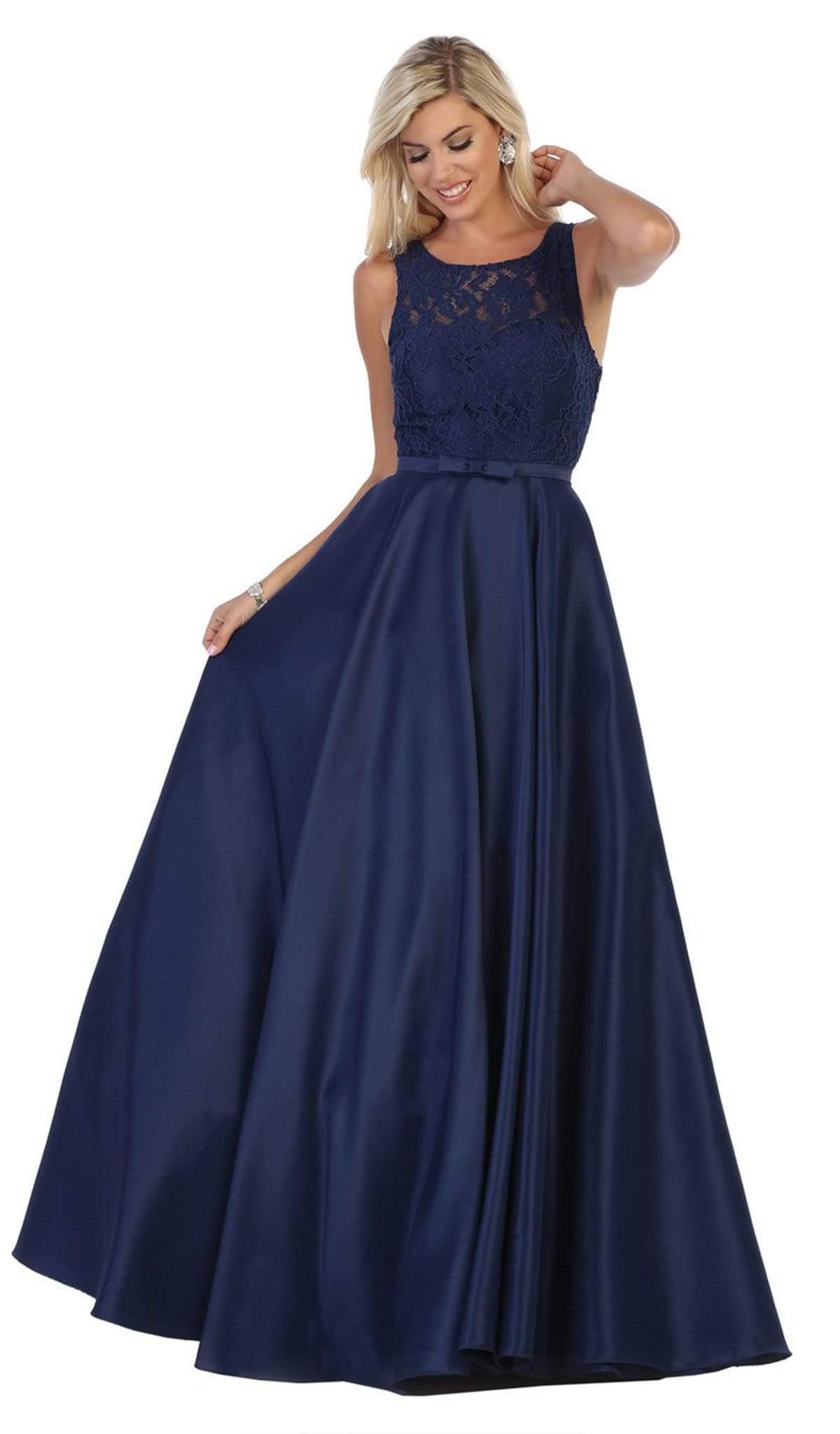 May Queen - MQ1688 Lovely Lace Tank Bow Accent Satin Long Dress Bridesmaid Dresses 4 / Navy