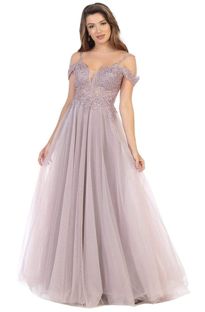 May Queen - MQ1694 Embroidered Deep Off-Shoulder A-line Gown Prom Dresses 4 / Mauve