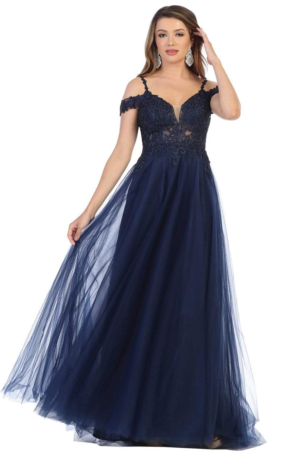 May Queen - MQ1694 Embroidered Deep Off-Shoulder A-line Gown Prom Dresses 4 / Navy