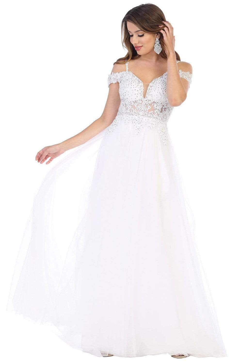 May Queen - MQ1694 Embroidered Deep Off-Shoulder A-line Gown Prom Dresses 4 / White