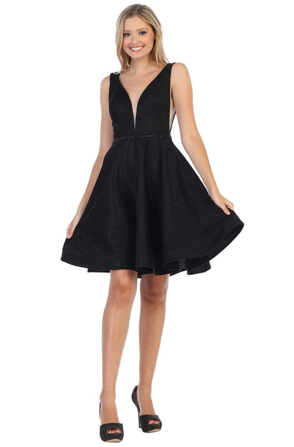 May Queen - MQ1696 Plunging V-Neck Glitter Short Dress Homecoming Dresses 4 / Black